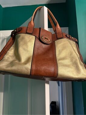 Fossil Two-Tone Leather Tote in Brown and Gold